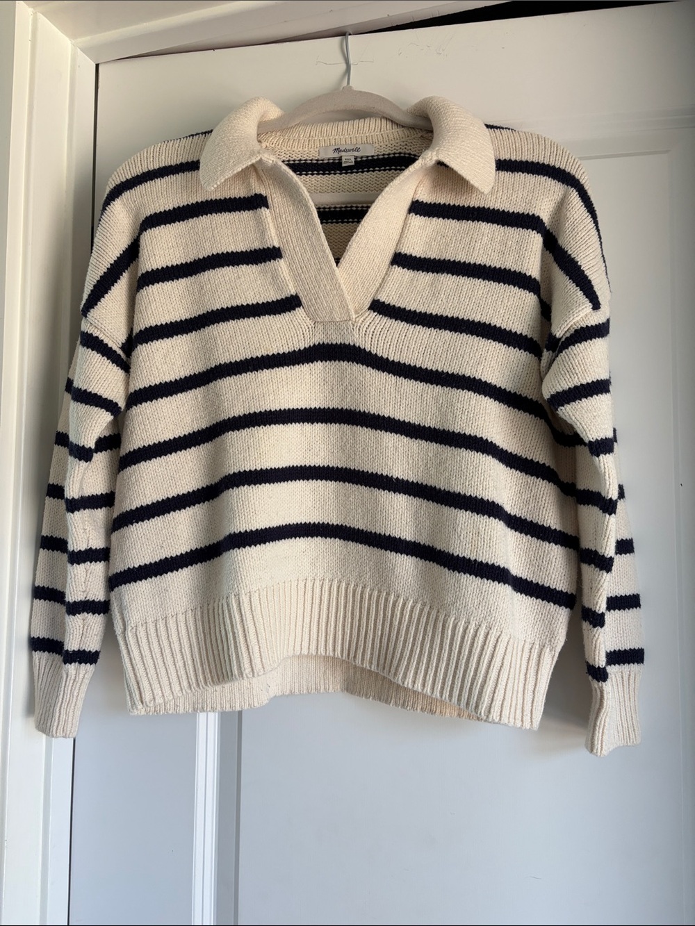 Madewell Cream and Navy Striped V-Neck Collared Sweater